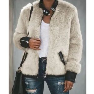 Zara women faux fur leather trimmed tan bomber jacket coat small